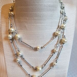 Silver and Cream Multi-Strand Necklace with Pearl Accents - Vintage